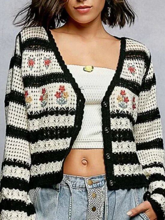 POL Sweaters - POL Black and Cream Striped Crochet Cardigan with Floral Embroidery